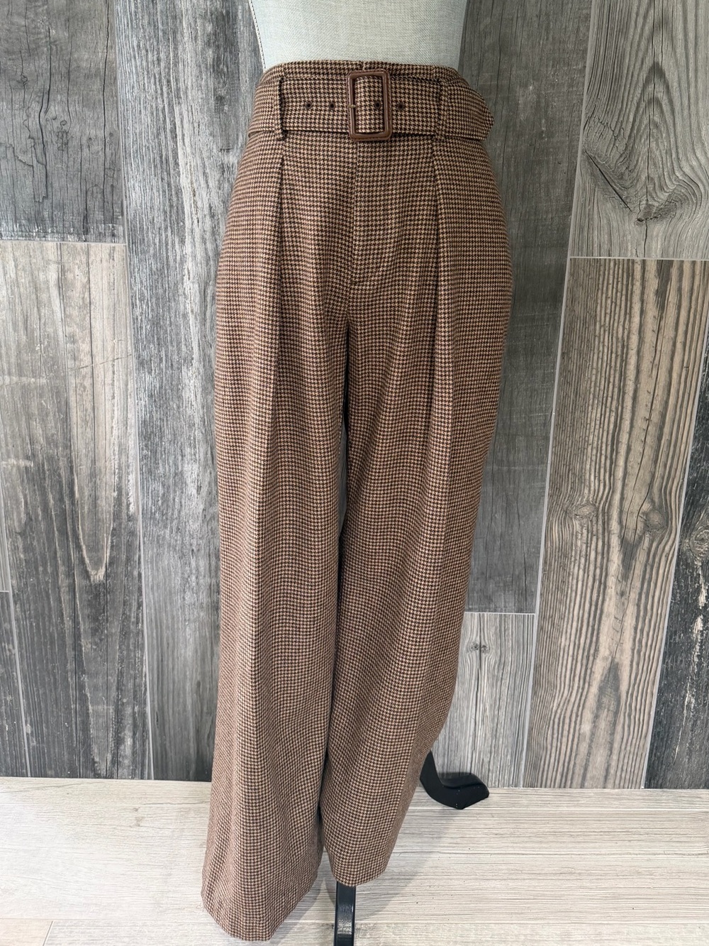 Polo Ralph Lauren Wool Houndstooth Wide Leg Belted Trousers